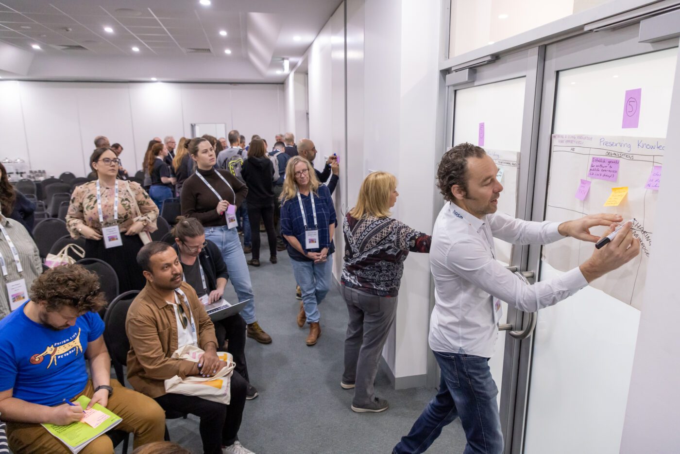 Group of people in front of white board in collaborative activity