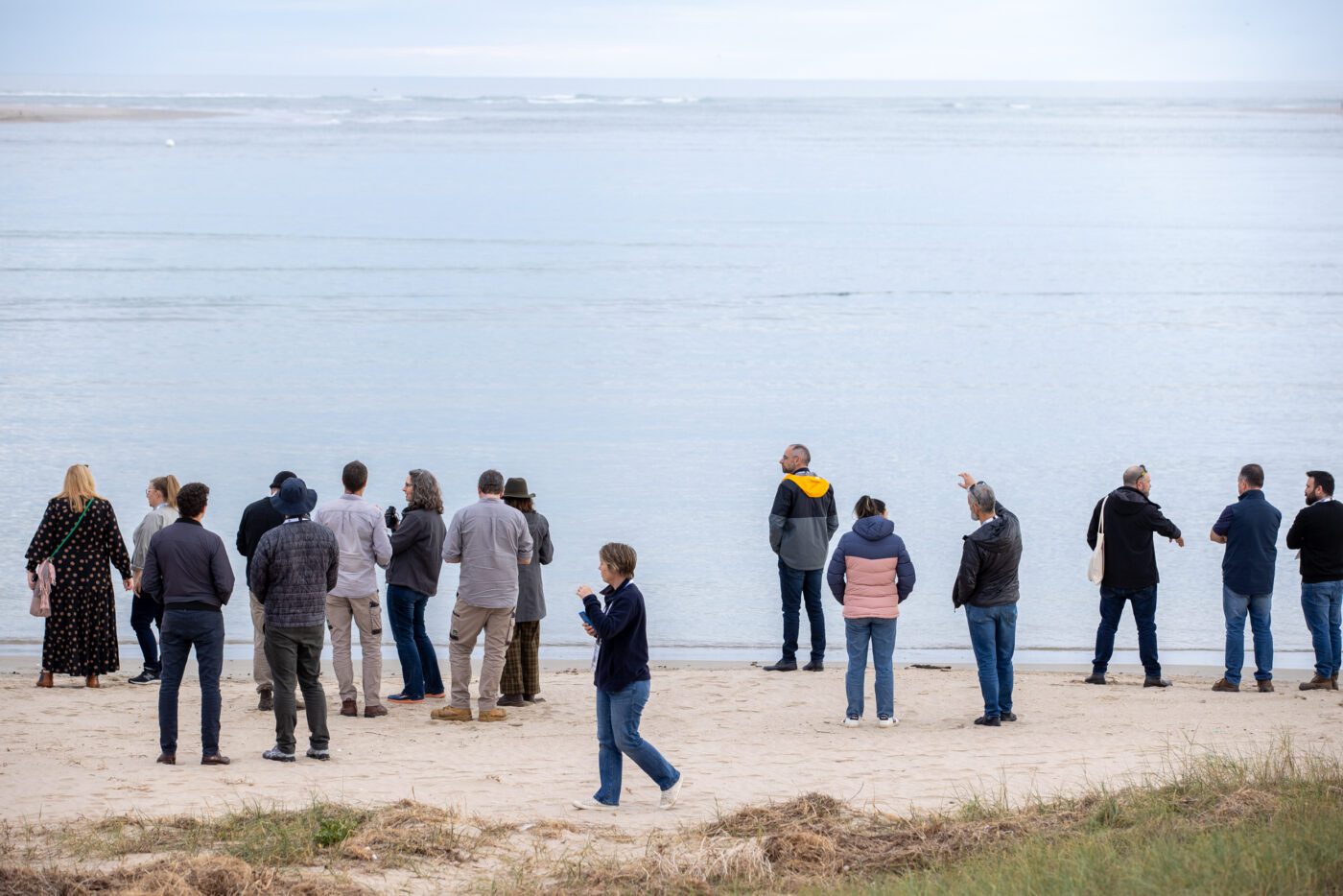 Group standing on the sand of a beach overlooking the water